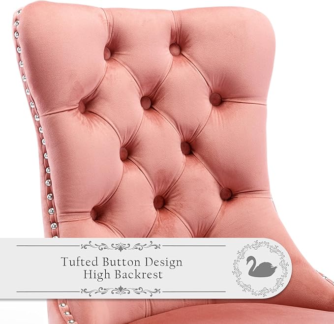Velvet Upholstered Dining Chairs Set of 8, Modern Style Kitchen Side Chairs with Nailhead Trim and Wood Legs,Metal Pulling Ring for Dining Room Living Room(Pink)