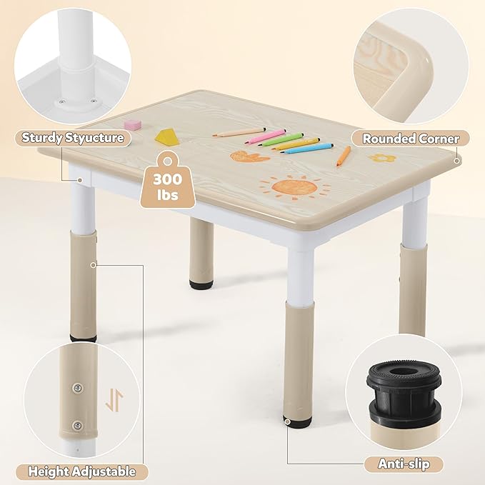 Adjustable Kids Table Chairs Set – Graffiti Desktop, Multi-Activity Height-Adjustable Toddler Study Desk for Ages 3-8 – Ideal for Home, Classroom, Daycare (W-Wood, 4 Chairs-31.5" L x 23.6" W)