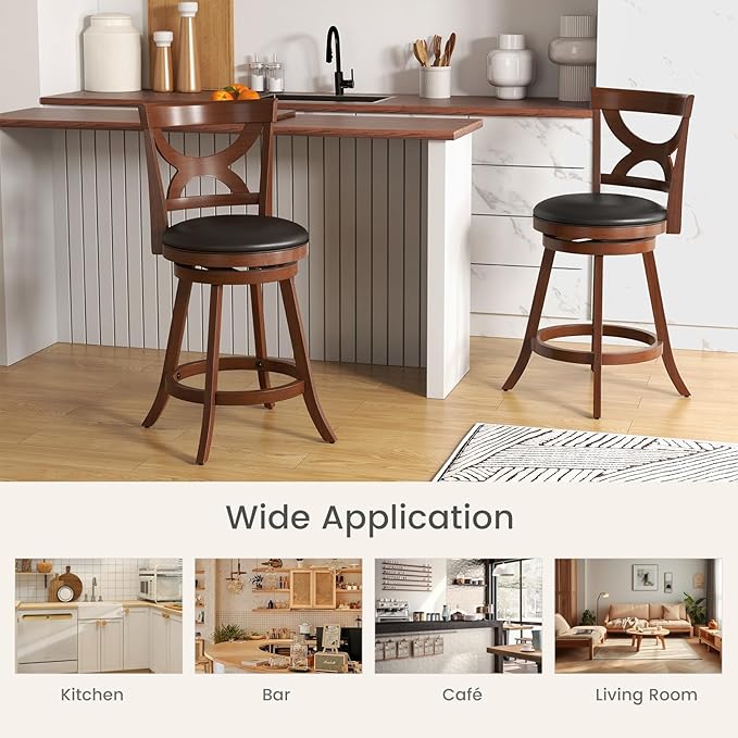 COSTWAY Bar Stools Set of 2, 24'' 360-Degree Swivel Chairs with Soft Cushion & Elegant Hollow Backrest, Rubber Wood Footrests, Upholstered Swivel Counter Stools for Kitchen Island, Pub, Café (2, 24‘’)