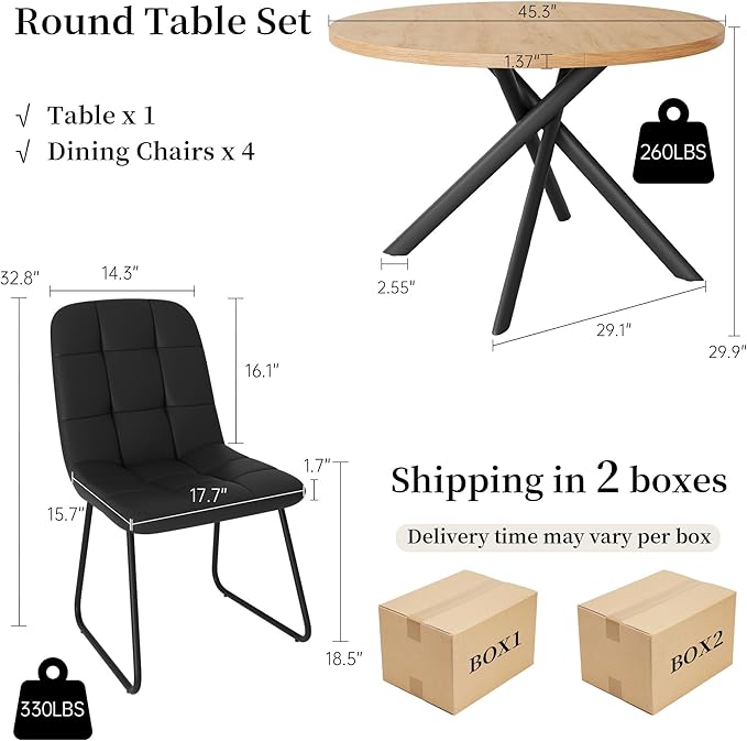 45.3 Inch Round Dining Table Set for 4, Mid Century Modern Small Kitchen Coffee Set for Dining Room Kitchen Apartment (Oak Table + 4 U-Shaped Black Chairs)