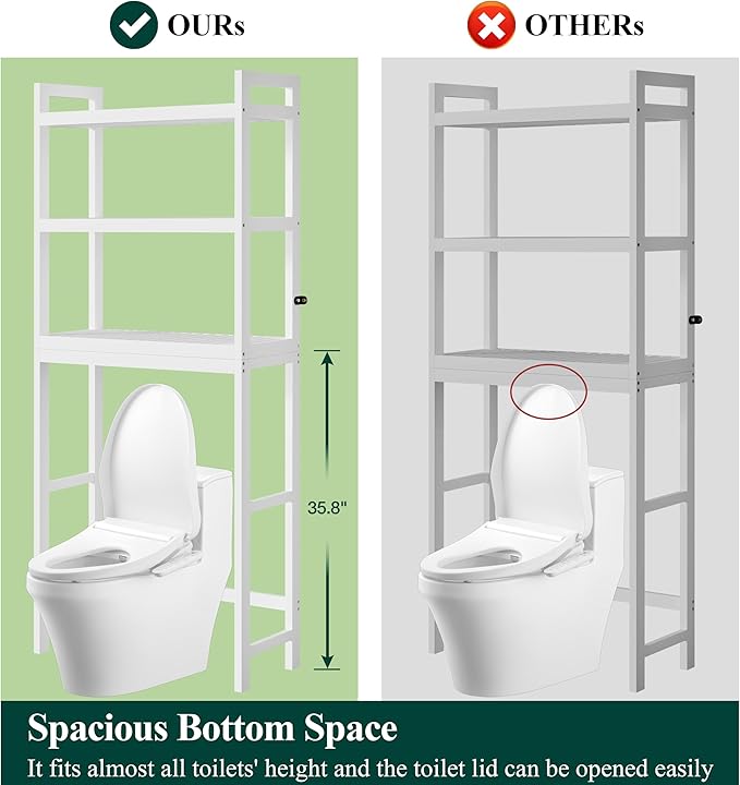 Smiry Over The Toilet Storage Cabinet, 3-Tier Bamboo Bathroom Organizers with Adjustable Shelf & 4 Hooks, Space Saving Shelf Rack for Bathrooms, Laundry Room, Balcony, White