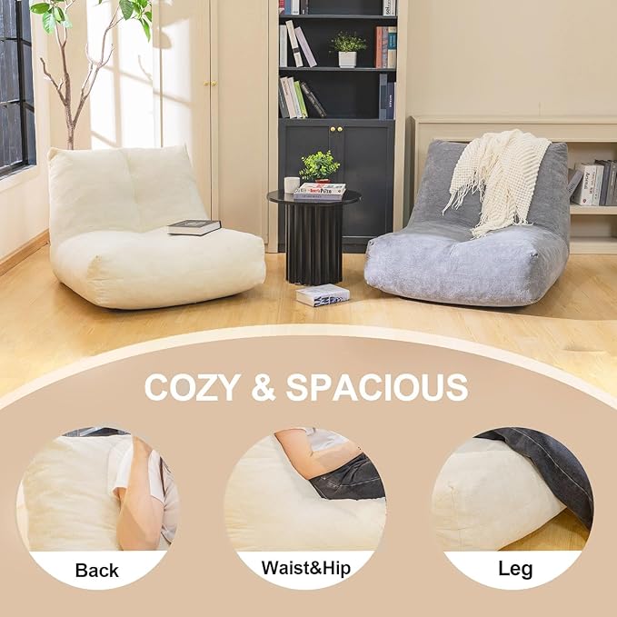 Bean Bag Chairs for Adults, Memory Foam Bean Bag Chair, Ergonomic Support Reading Floor Sofa Chair with Filler, Comfy Cozy Beanbag Couch for Bedroom Living Room (Beige Upgrade Sponge)