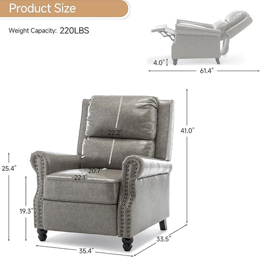 Lumibee Recliner Chair, Wingback Recliner Chair for Living Room, Modern Upholstered Faux Leather Pushback Armchair with Adjustable Backrest & Footrest for Small Spaces,Bedroom-Gray