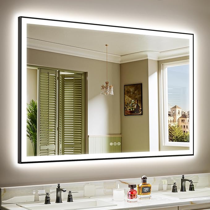 60x38 Inch LED Bathroom Mirror with Lights (Front Lit and Backlit) Black Framed Lighted Vanity Mirror for Bathroom Wall Dimmable Anti-Fog Memory Tempered Glass Horizontal/Vertical