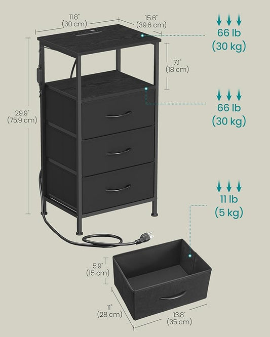 SONGMICS BELLAH Collection - Nightstand with Charging Station and App-Controlled Adjustable LED Lights, Bed Side Table, 3 Drawer and 1 Open Shelf, Bedroom, Ink Black and Ebony Black ULGS303BH01S