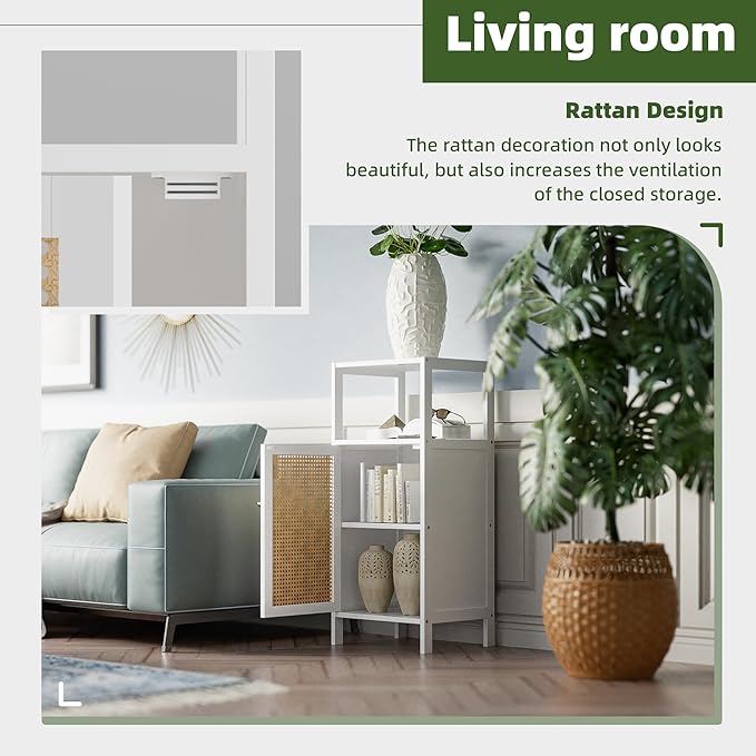 Bamboo Floor Rattan Cabinet, Narrow Bathroom Storage Organizer Rack, Space Saving Wood Kitchen Cupboard, Hallway Side Table, Living Room Stand with Single Door and 1 Shelf (White)
