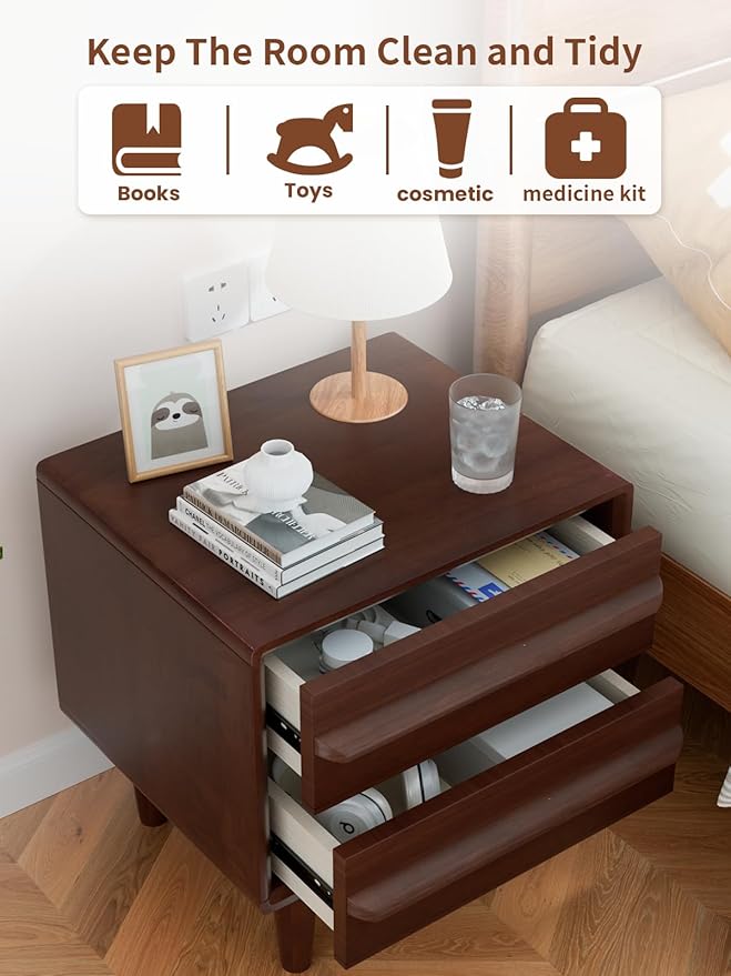 Solid Oak Wood Nightstand, Mid-Century Modern Bedside Table with 2 Drawers, Curved Profile End Table with Storage & Solid Wood Feet for Bedroom, Easy Assembly, Dark Walnut Color (15.7"Dx17.7"Wx21.6"H