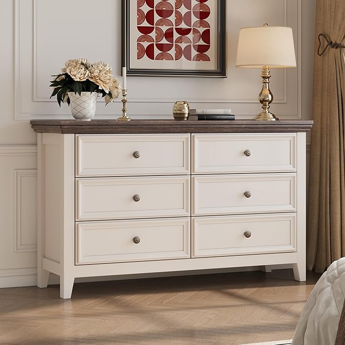 Dresser for Bedroom 6 Drawers Dresser - 47.2" Wide 6 Chest of Drawers Storage Double Cabinet as Bedfoot Organizer & Wardrobe Cabinet(Antique White & Brown)