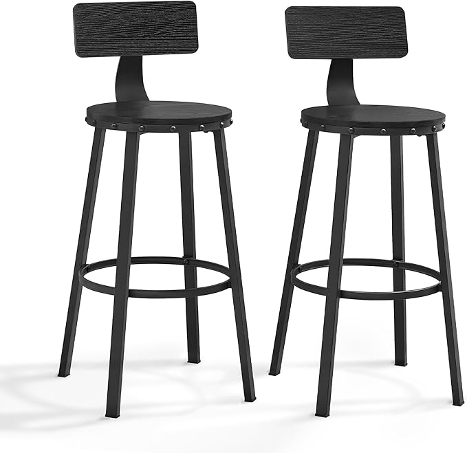 VASAGLE Bar Stools Set of 2, Bar Height Stools, 28.9 Inches Counter Barstools Chairs with Back for Dining Kitchen Island, Steel Frame, Industrial Style, Easy Assembly, Ebony Black