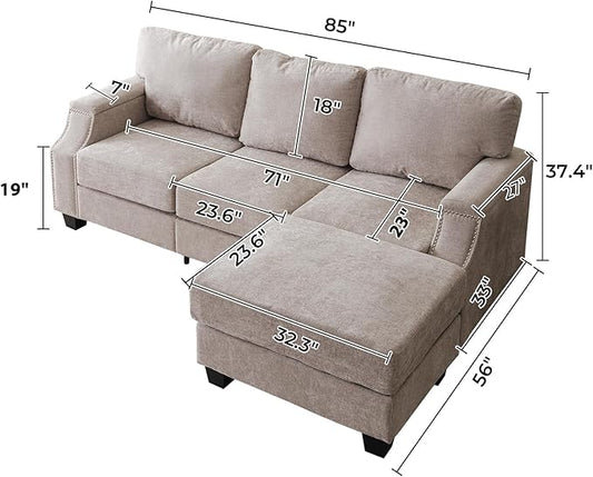 85'' L Shaped Couch with Armrest Organizer,3 Seats Sofas with Storage Ottoman,Comfy Sectional Sofa with Thick Cushion,Chenille Sectional Couches for Living Room,Bedroom,Apartment,Khaki