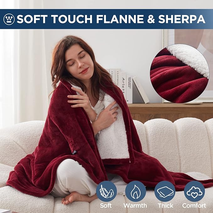 Westinghouse Heated Throw Blanket, Electric Blanket Throw with 6 Heating Levels and 2-10 Hours Time Settings, Flannel to Sherpa Super Cozy Heated Blanket Machine Washable, 50x60 inch, Red