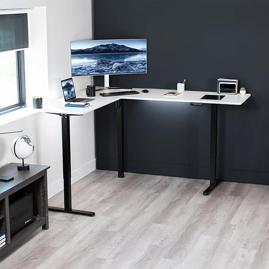 VIVO Corner Standing Desk, 75 x 63 inch Reversible L-Shaped Workstation, Electric Height Adjustment, Home, Office, and Reception Rooms, White Table Top Black Frame, DESK-E3CTBW-75