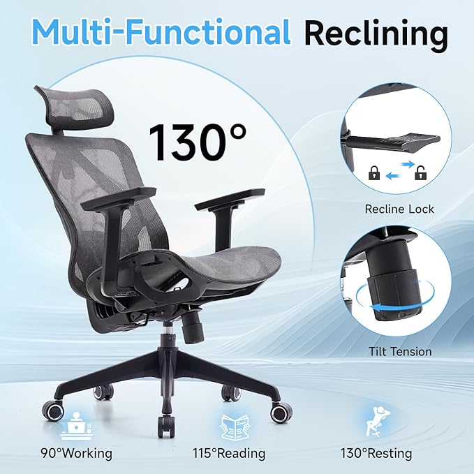 Ergonomic Office Chair with Lumbar Support, 3D Adjustable Armrest, Mesh Home Office Desk Chairs, Swivel Computer Chair, High Back Reclining Executive Office Chair,400lbs Capacity (Black/Grey)