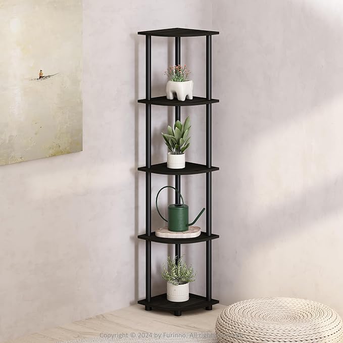 Furinno Turn-N-Tube Corner Shelf, 5-Tier Corner Bookshelf, Open Storage Shelves, for Organization and Storage, Living Room, Home Office, Garage, Bedroom, Espresso