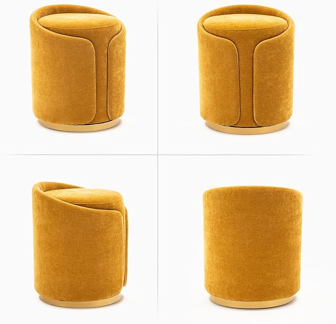 Swivel Vanity Stool with Gold Base Comfy Vanity Chair Modern Round Stool for Makeup Vanity Ottoman Foot Rest for Bedroom livingroom (Yellow)