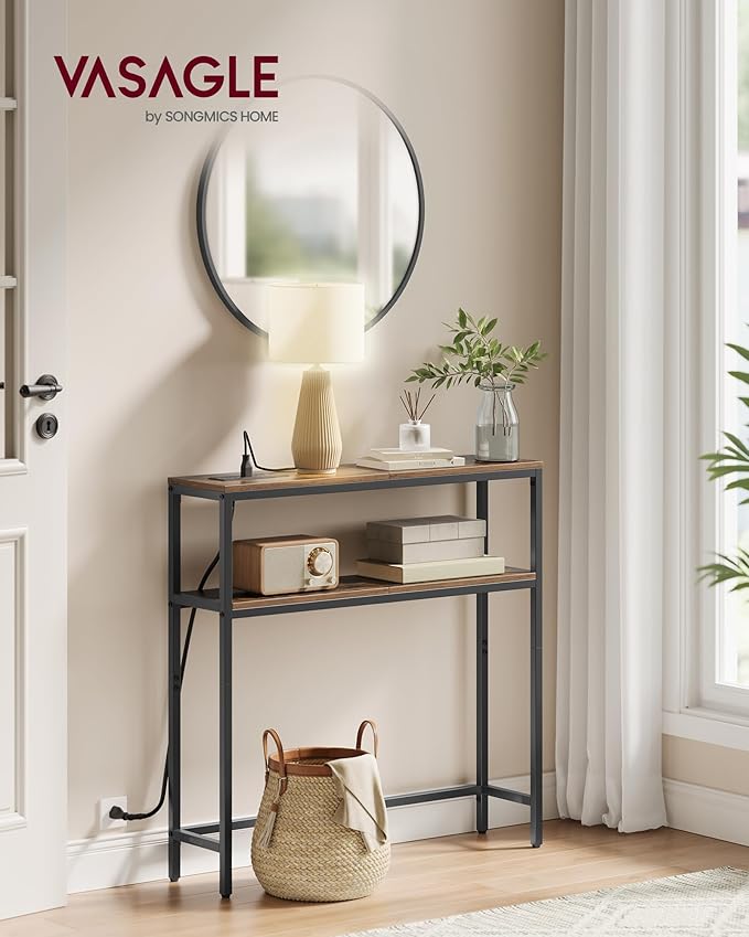 VASAGLE Console Table with Power Outlet, 2-Tier Narrow Sofa Table with 2 Shelves, 7.9 x 31.5 x 31.5 Inches, for Living Room, Hallway, Entryway, Rustic Brown and Ink Black ULNT135K01
