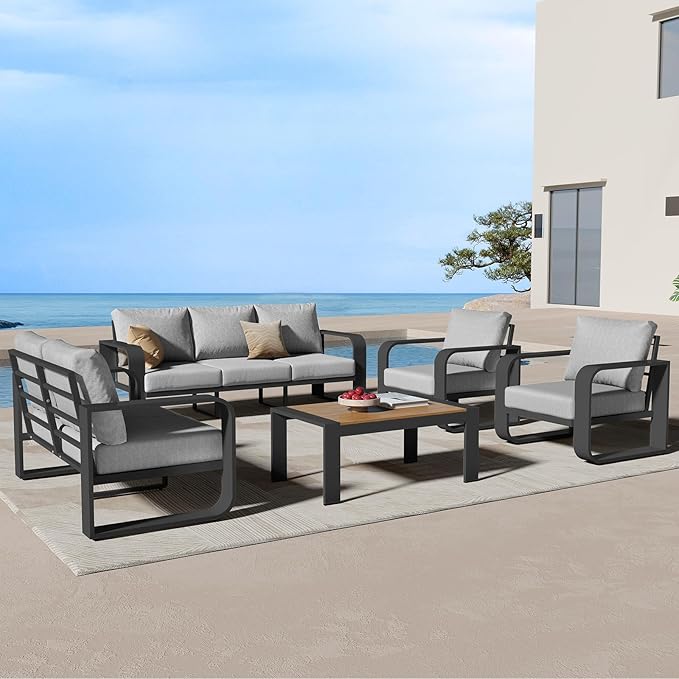 Aluminum Outdoor Patio Furniture Set 5 Piece, Oversized Patio Conversation Sets Widened Armrest & Ultra-Thick Cushions, Deep Seating Modern Sectional Furniture for Backyard, Porch, Gray