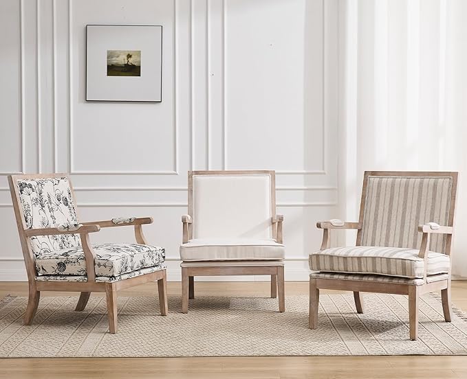 chairus Farmhouse Linen Accent Chair for Living Room, Upholstered Reading Chair with Solid Wood Frame Lounge Arm Chair with High Back for Bedroom, Reception Room, Waiting Room, Floral Pattern