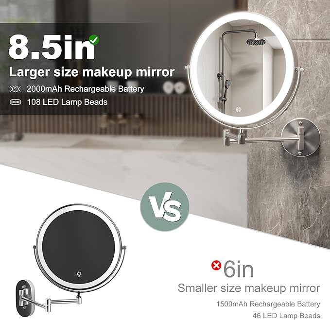 Hasipu 8.5-Inch Wall Mounted Makeup Mirror with Magnification, Rechargeable 2000 mAh Vanity Mirror with Lights, Bathroom Mirror with Dimmable Brightness, 3 Lighting Modes, Extendable Arm, Nickel