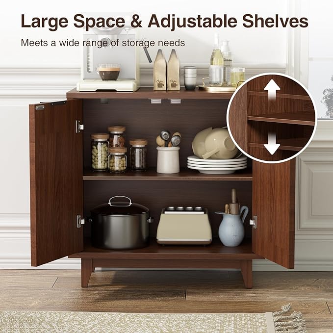 Fluted Cabinet with Storage, 2 Doors Sideboard Buffet, Mid Century Modern Accent Cabinet with Adjustable Shelves, Multifunctional Console Table with Storage for Living Room, Kitchen, Entryway