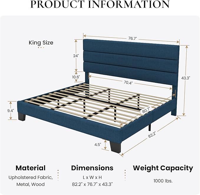 SHA CERLIN King Platform Bed Frame with Upholstered Fabric Headboard, Mattress Foundation with Strong Wooden Slats Support, No Box Spring Needed, Blue