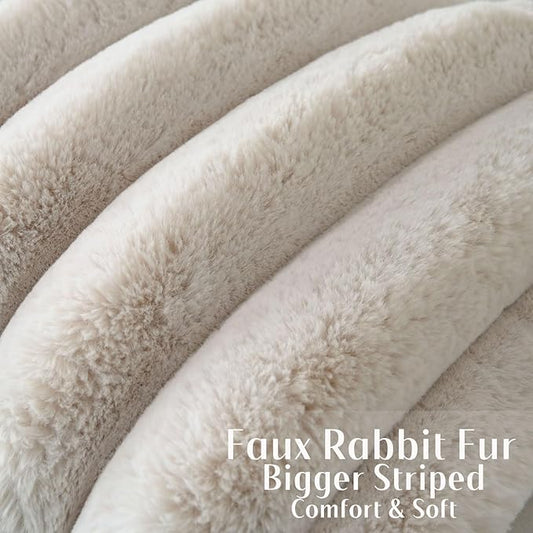 FUTEI Beige Decorative Throw Pillow Covers 24x24 Inch Set of 2, Square Soft Faux Rabbit Fur Thick Striped European Cushion Covers,Winter Home Decor for Couch Bed Living Room