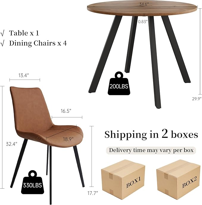 34.6'' Round Dining Table and Chairs for 4 Space Saving for Apartment Kitchen Dining Room (Walnut Table+4 Brown Chairs)
