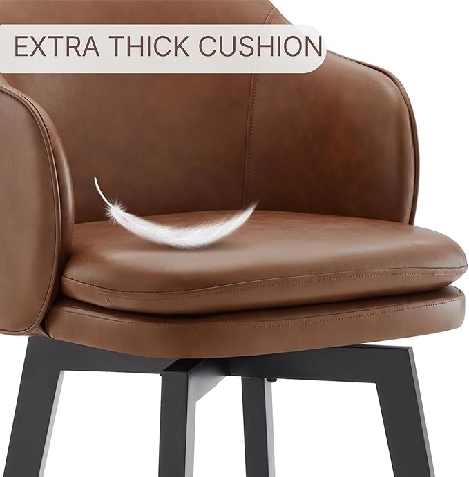 Counter Height Barstools 26 inch Upholstered Swivel Bar Stools with Back and Wood Legs for Kitchen Island,Set of 1,Brown PU Leather