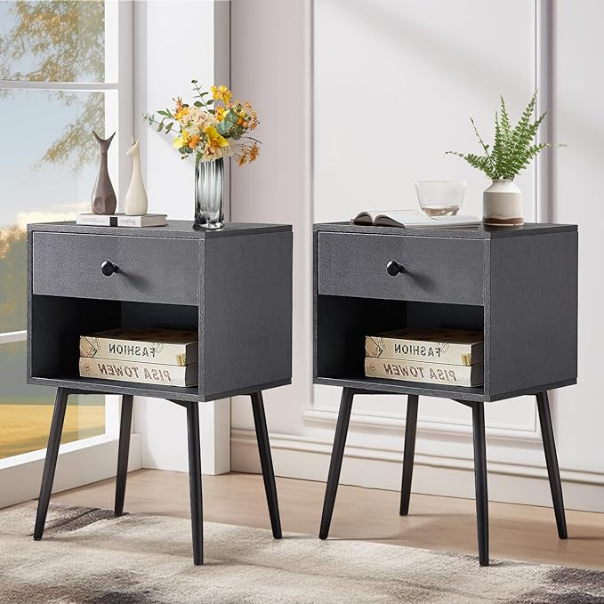 VECELO Nightstands Set of 2, Mid Century Modern End Bedside Table, Night Stand with Storage Drawer and 2 Tiers Open Shelf for Small Place, Bedroom, Living Room, Easy Assembly, Grey