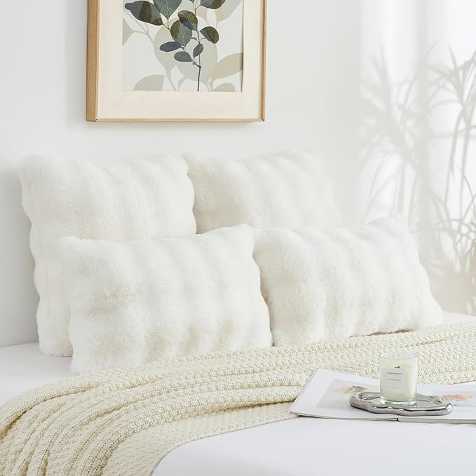 FUTEI Cream White Decorative Throw Pillow Covers 24x24 Inch Set of 2,Soft Fuzzy Faux Rabbit Fur European Cushion Covers with Raised Texture,Neutral Boho Home Decor for Couch Bed Living Room