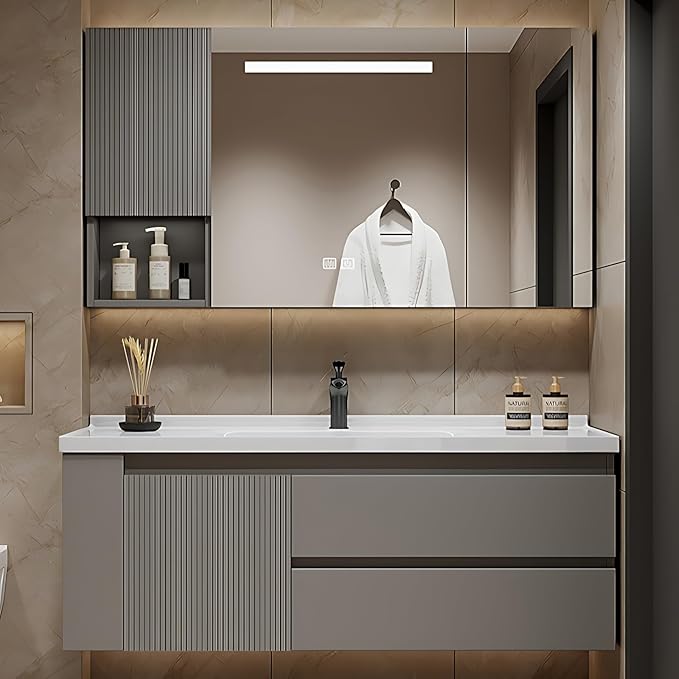 44IN Suspended Bathroom Cabinet Combo Set - Fully Functional LED Mirror with Smart Defogging & Time Display | Bathroom Vanity with Sink,Side Cabinet Storage Compartment (Style A)