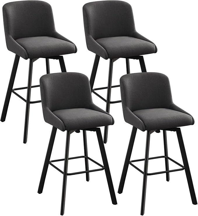 Swivel Counter Height Bar Stools Set of 4, 30''H Upholstered Barstools with Backs, Modern Bar Stool Chairs for Kitchen Island, Metal Legs, Fabric, Black Grey Stools Counter Chair