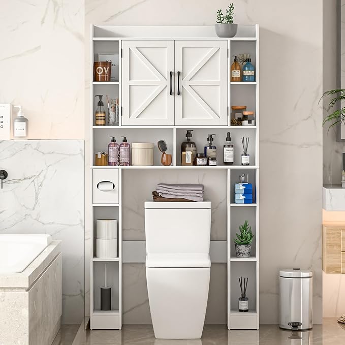 Farmhouse Storage Cabinet Over Toilet with Barn Doors,Over The Toilet Storage Cabinet, Home Space-Saving Toilet Rack, for Bathroom, Restroom, Laundry.