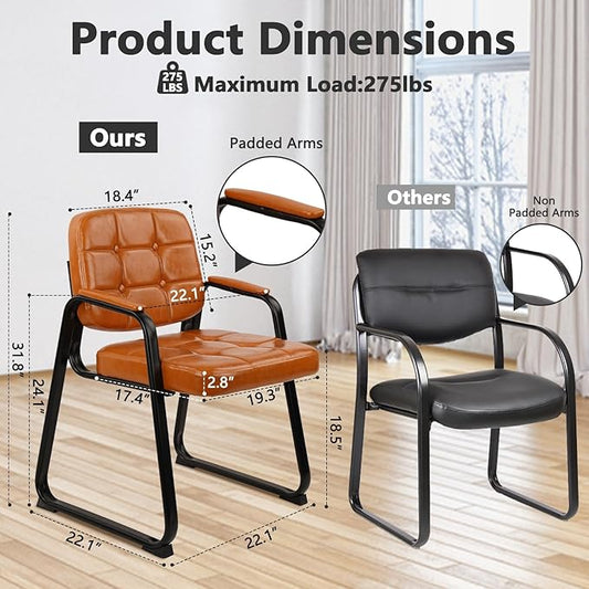 CLATINA Waiting Room Chairs with Padded Arms Leather Guest Chair no Wheels for Office Reception and Conference Desk with Sled Base Orange, 2PK