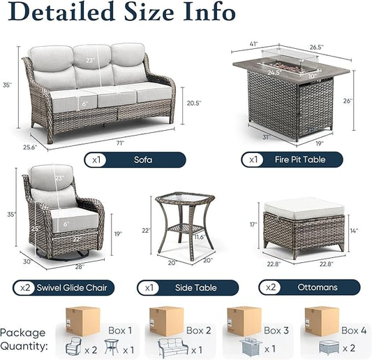 Belord Luxury 6" Thick Cushioned 7 Pieces Patio Furniture Set with Fire Pit Table, Wicker Outdoor Conversation Set with High Back Swivel Rocker Chairs for Deck Porch Yard and Poolside - Grey+Beige