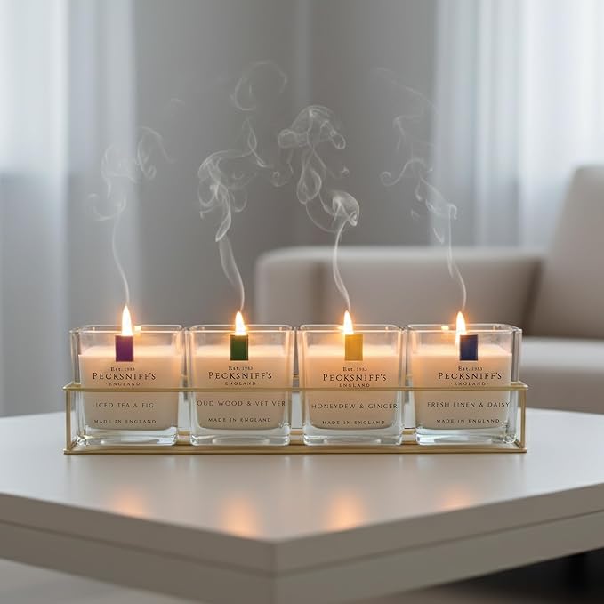 Pecksniff’s Candle Gift Set – Premium Single Wick Candles in Metal Caddy, Handcrafted in England, 4 Scents, 70g Each (Set of 4) – Iced Tea & Fig, Oudwood Vetiver, Honeydew Ginger, Fresh Linen Daisy