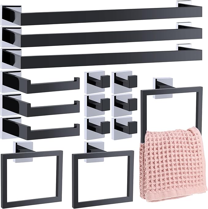 Gisafai 15 Pcs Bathroom Hardware Accessories Set 23.6 Inch Bath Towel Bar Kit Stainless Steel Bathroom Hardware Set Towel Racks Ring Hooks Paper Holder for Wall Mounted (Black Silver)