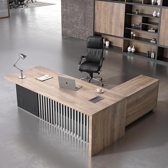 70.87 Inch L Shaped Executive Office Desk with 2 Drawers, Modern Home Office with File Cabinet, Business Furniture W/Stand Under Storage Organizer with 4 Wheels