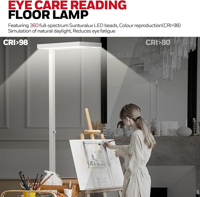 Honeywell 16000LM LED Floor Lamp, 02E Max Sunturalux Eye-Caring Reading Standing Light, 155W Modern Natural Daylight 4000K Dimmable 77" Tall Floor Lamps for Living Room Kids Study Home Office