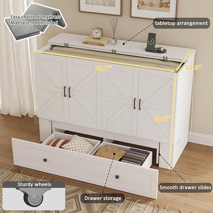 Full Size Murphy Bed with Charging Station - Wall Mounted Hideaway Cabinet Bed, Foldable Panel & Large Storage Drawer for Home Office,Small Room,Guest Bedroom,Living Room, White