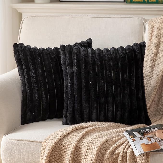 DEELAND Pack of 2,Double-Sided Faux Fur Plush Decorative Throw Pillow Covers Fuzzy Striped Soft Pillowcase Cushion Covers for Sofa Couch Bedroom Black 22x22 inch