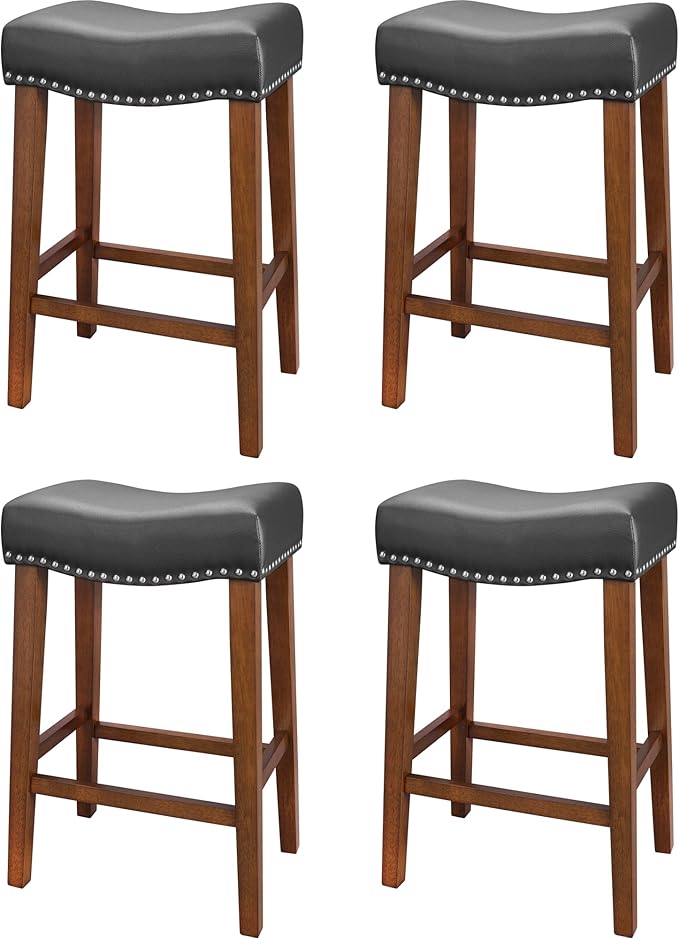 PrimeZone Counter Height Bar Stools Set of 4 - Backless Saddle Barstools with 4.3" Thick Upholstered, Nailhead Trim Faux Leather & Solid Wood Legs, 26 Inch Counter Stools for Kitchen Island, Black