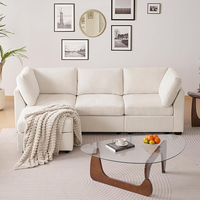 TEKAMON 96" Modular Sectional Sofa with Ottoman,Large Comfy Cloud 3-Seat Deep Seat,Reversible Chaise Modular Sectional Couches for Living Room and Apartmenr,Beige