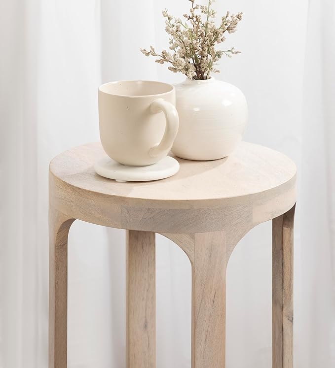 Kate and Laurel Dahl Wooden Round Drink Table; 12 x 23; Whitewash; Transitional Boho Circle Wood Accent Pedestal Table for Living Room Plant Stand or Small Bedroom Nightstand