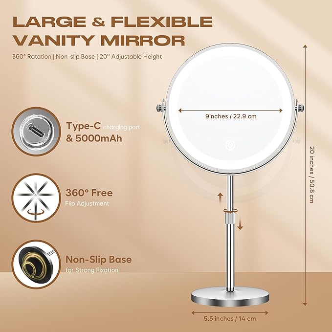 Makeup Mirror with Lights, 1x/20x 360ยฐ Rotation Vanity Mirror, Brightness Adjustable Lighted Makeup Mirror with Magnification, 5000 mAh Rechargeable Double Sided Mirror with 3 Colors, Gift for Women