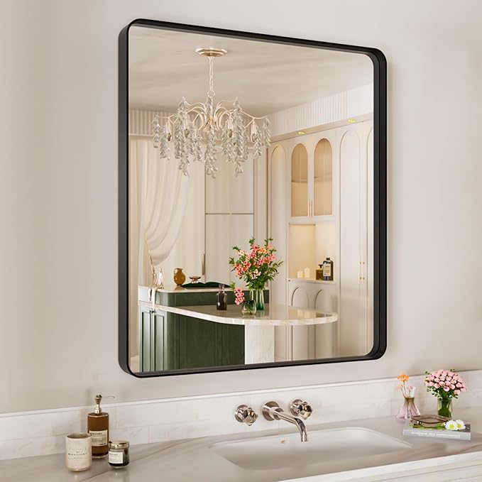 Black Metal Framed Bathroom Mirror for Wall,28X32 Inch Rounded Rectangle Mirror,Matte Black Bathroom Vanity Mirror Farmhouse,Anti-Rust,Tempered Glass,Hangs Horizontally or Vertically