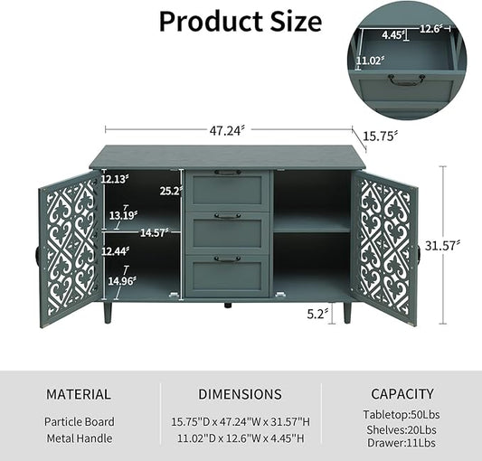 Sideboard Buffet Credenza - Modern 2 Door 3 Drawer Cabinet with Storage, Accent Cabinet with Carved Pattern, Farmhouse Wood for Living and Dining Area (Green)