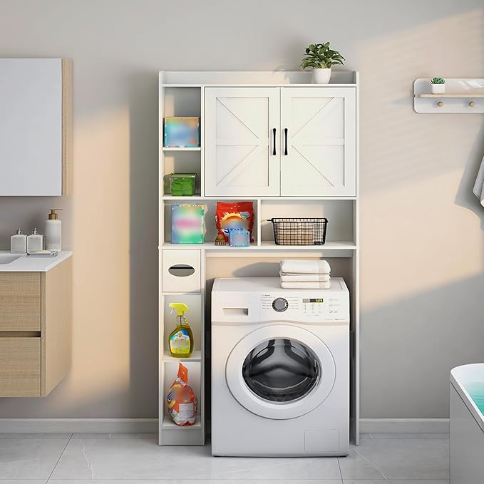 Vabches Over The Toilet Storage Cabinet, Farmhouse Storage Cabinet Over Toilet with 2 Barn Door & Toilet Paper Holder Stand,Home Space-Saving Toilet Rack, for Bathroom, Restroom, Laundry