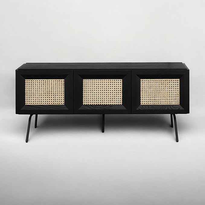 NTC Mossic TV Media Cabinet with 3 Doors for TVs, Entertainment Center with Natural Rattan, Metal Legs, Modern Storage Console for Living Room and Bedroom, Effortless Assembly, Burnt Black
