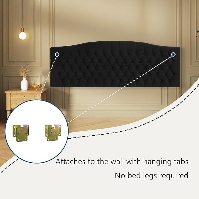 Velvet Upholstered Headboard King/Cal King Size Latest Model Wall Mount, Bed Frame Mount, Featuring High-Density Sponge Padding, Luxury Texture Easy Assembly Comfort and Style-Black